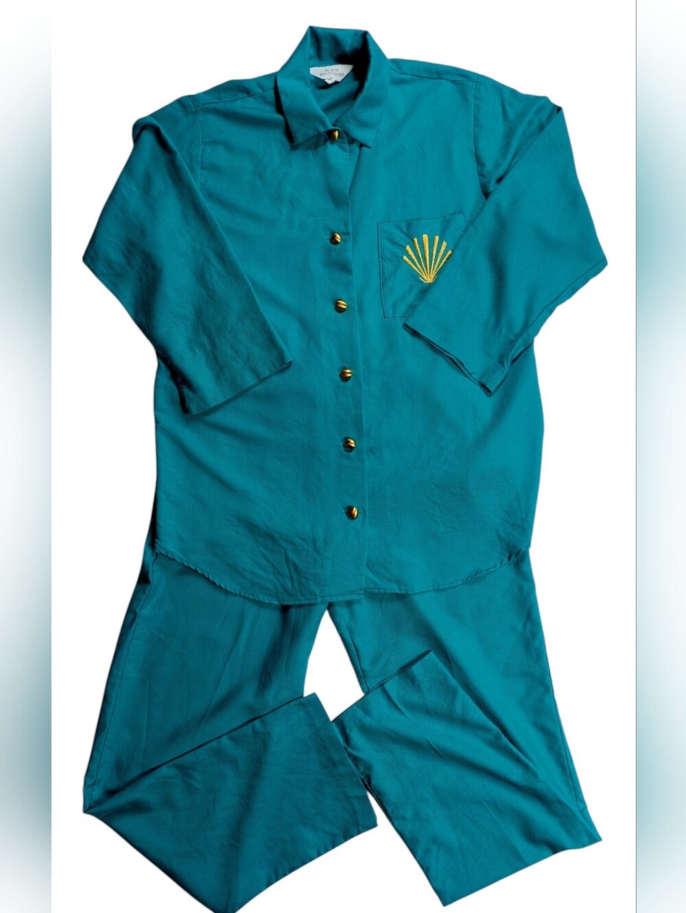Teal Two-Piece Pantsuit Set with Embroidered Pocket